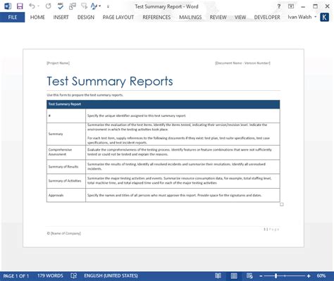 template for test summary report